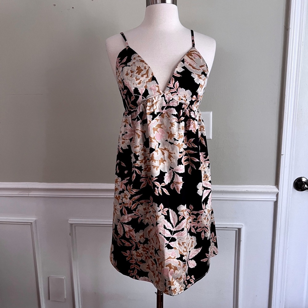 Anthropologie Mini Slip Empire Dress Backless M V-Neck Black Pink Boho New